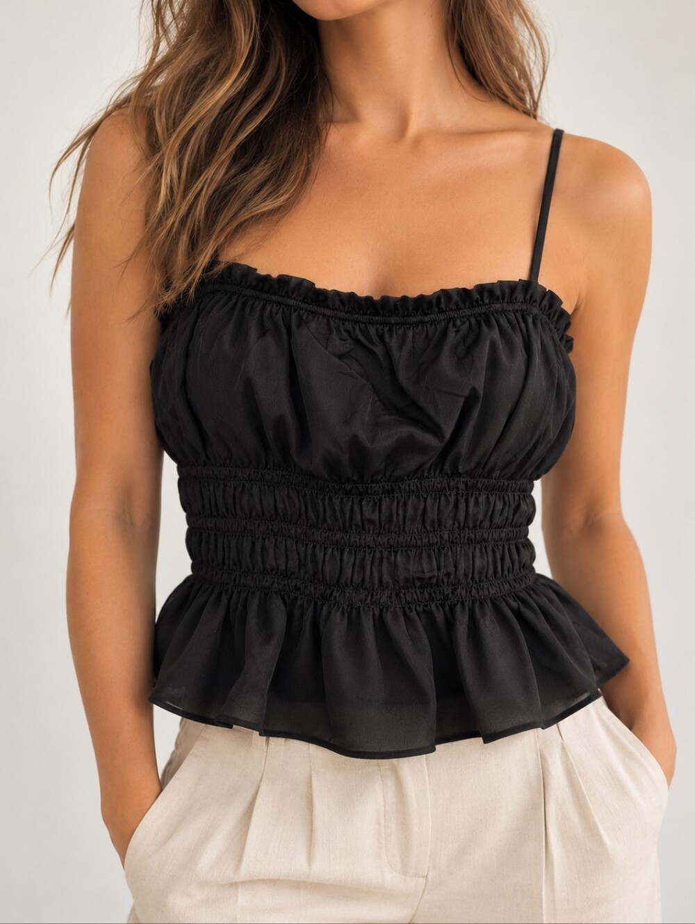 H&M Divided Black Ruched Smocked Peplum Cami Top XS